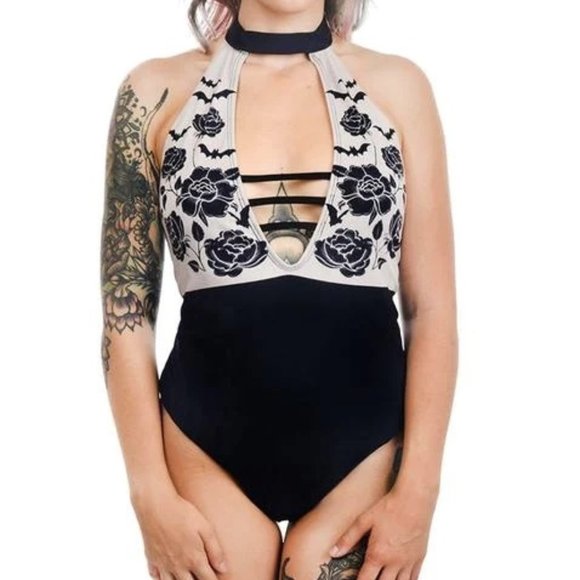 Sourpuss Other - SOURPUSS Bats & Roses Choker Neck NWT Swimsuit CORPORATE GOTH, Size XL